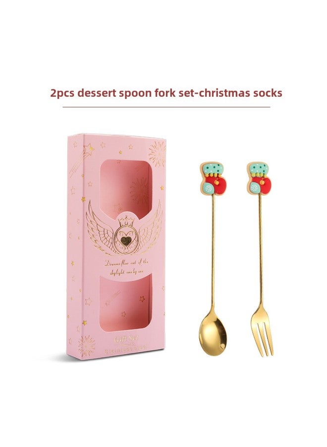 Stainless Steel Fork Spoon Tableware Suit Dessert Cake Fruit Fork Doll Fork Spoon Gift Box-Specifications:2-pack-Socks - Image 1