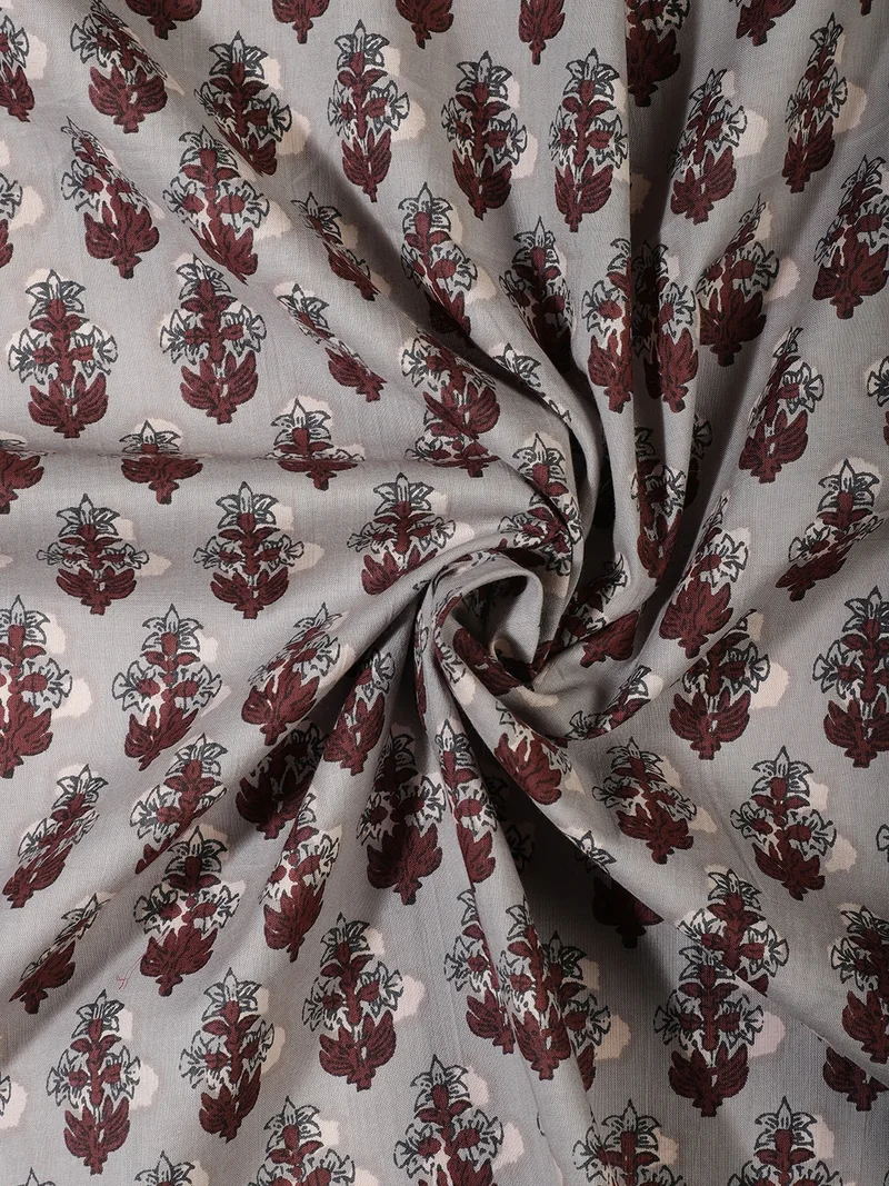 أيه كيه إس Grey & Maroon Floral Cotton Fabric