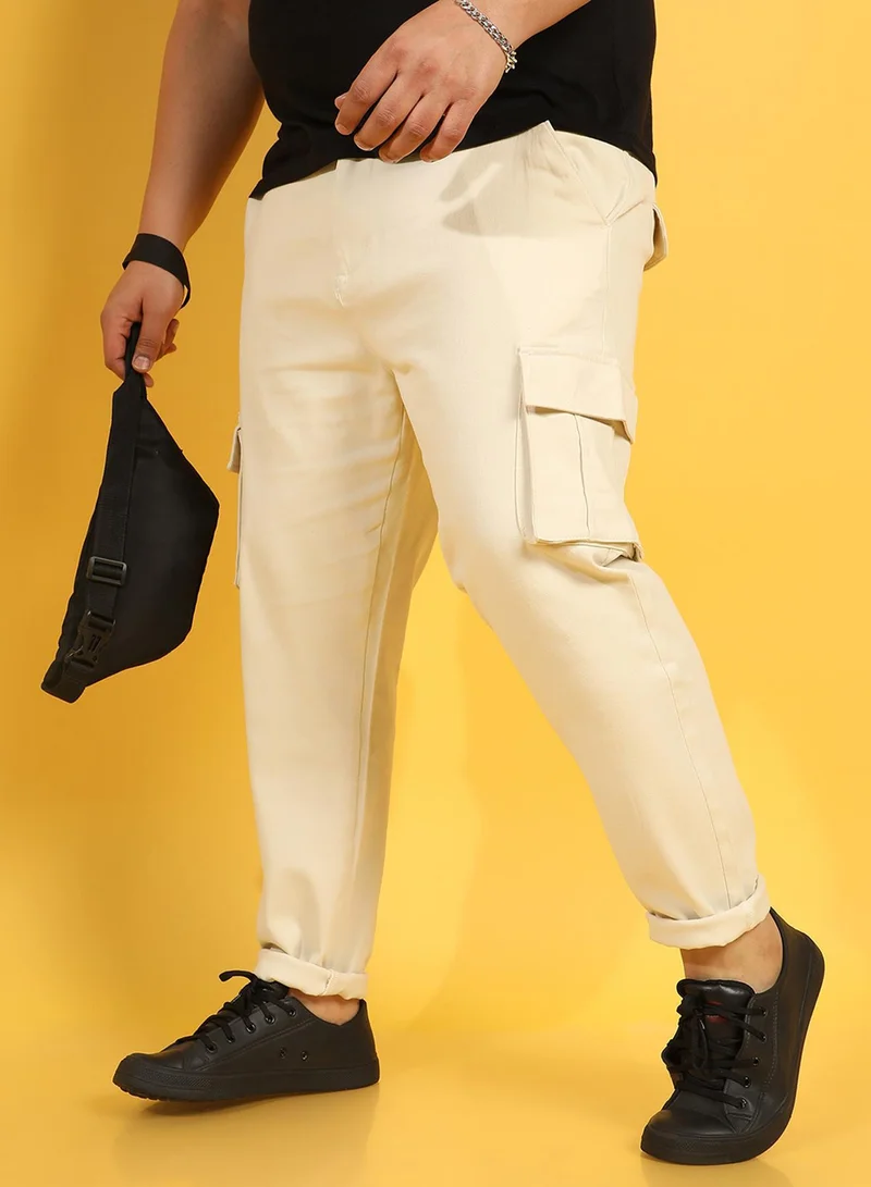 Instafab Plus Men's Pale Yellow Cargo Trousers For Casual Wear | 6 Pockets | Plus-Size Fit | Button Closure | Cotton Poly Cargo Pant Crafted With Comfort Fit For Everyday Wear