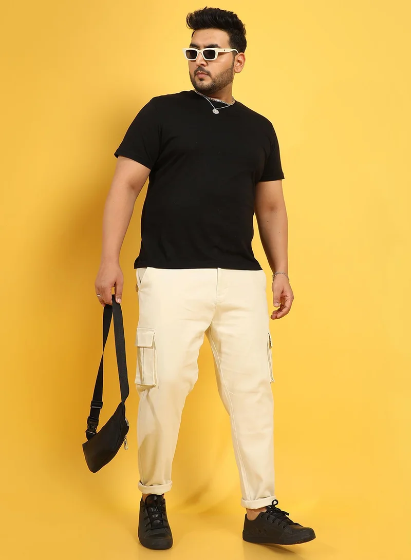 Instafab Plus Men's Pale Yellow Cargo Trousers For Casual Wear | 6 Pockets | Plus-Size Fit | Button Closure | Cotton Poly Cargo Pant Crafted With Comfort Fit For Everyday Wear