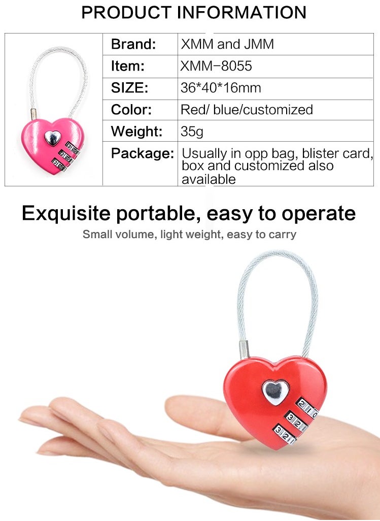 amazing.EGP - Heart-shaped zinc alloy lock with 3 digital dials to identify the secret code, for handbags, travel bags and zippered bags - Image 1