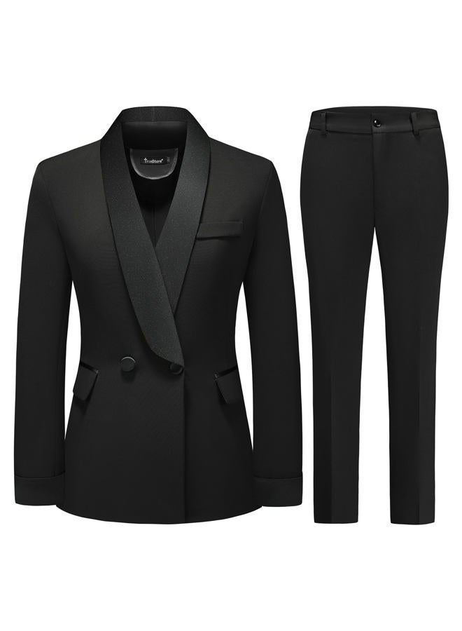 TronStore Women's Pants Suit 2 Piece Set Smil Fit Jacket Shawl Sollar Blazer Dress for Women Black S - Image 1
