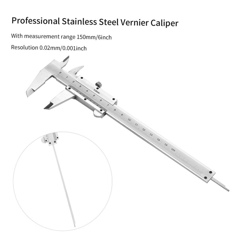 Vernier Caliper: 150mm/0-6" Silver Hardened Stainless Steel - Superior Durability Reliable 0.02mm/0.001" Resolution - Sliding Gauge for Jewelry School Antique Measurement - Image 3