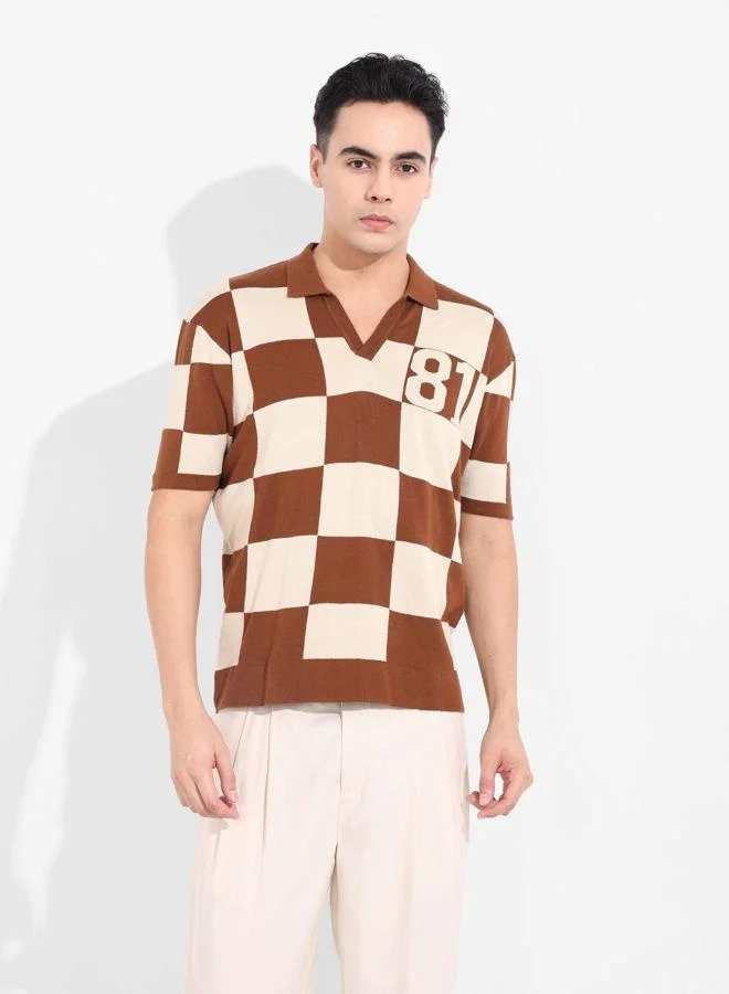 ذا انديان كراج كو Men Oversized Fit Textured Polo Neck Half Sleeves T-Shirt