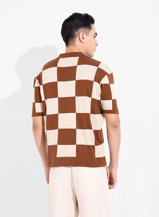 ذا انديان كراج كو Men Oversized Fit Textured Polo Neck Half Sleeves T-Shirt