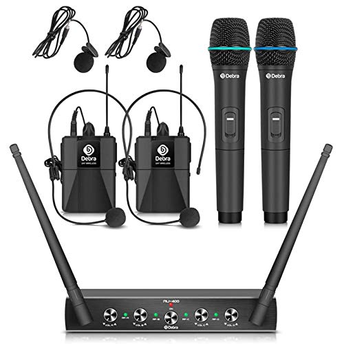 D Debra Debra Audio Pro UHF 4 Channel Wireless Microphone System with Cordless Handheld Lavalier Headset Mics, Metal Receiver, Ideal for Karaoke Church Party (with 2 Handheld & 2 Bodypack (A)) - Image 1