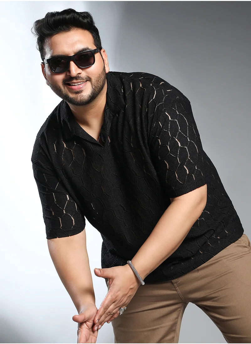 انستافاب بلس Instafab Plus Men's Onyx Black Honeycomb-Knit Polo T-Shirt For Casual Wear | Polo Neck | Short Regular Sleeves | Pull On Closure | Plus Size T-Shirt Crafted With Comfort Fit For Everyday Wear