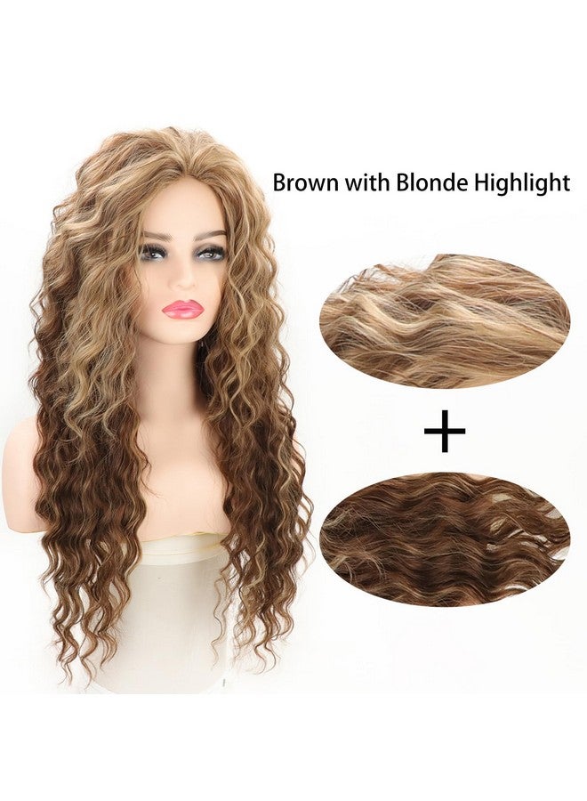 Fencca Brown Highlights Long Curly Wigs For Women Heat Resistant Synthetic Hair Brown Mixed Blonde Wave Curly Wig - Image 3