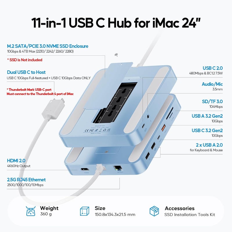 PULWTOP محور USB C متعدد الوظائف لجهاز iMac بحجم 24 بوصة للأعوام 2021، 2023، 2024؛ يدعم محطة التوصيل (Docking Station) ويدعم أقراص M.2 SSD (غير مشمولة)، ويتوافق مع إكسسوارات iMac M1، M3، M4، ويدعم تقنيات 4K HDMI، و2.5G Ethernet، و5 منافذ USB A/C بسرعة 3.2 جيجابت في الثانية، ومنافذ SD/TF – اللون أزرق - Image 2