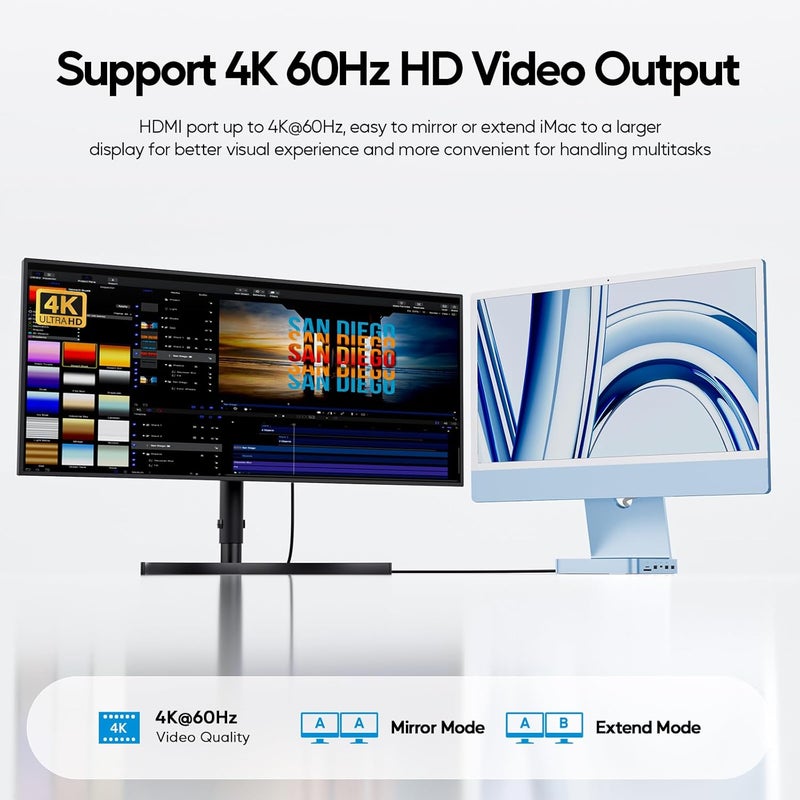 PULWTOP محور USB C متعدد الوظائف لجهاز iMac بحجم 24 بوصة للأعوام 2021، 2023، 2024؛ يدعم محطة التوصيل (Docking Station) ويدعم أقراص M.2 SSD (غير مشمولة)، ويتوافق مع إكسسوارات iMac M1، M3، M4، ويدعم تقنيات 4K HDMI، و2.5G Ethernet، و5 منافذ USB A/C بسرعة 3.2 جيجابت في الثانية، ومنافذ SD/TF – اللون أزرق - Image 4