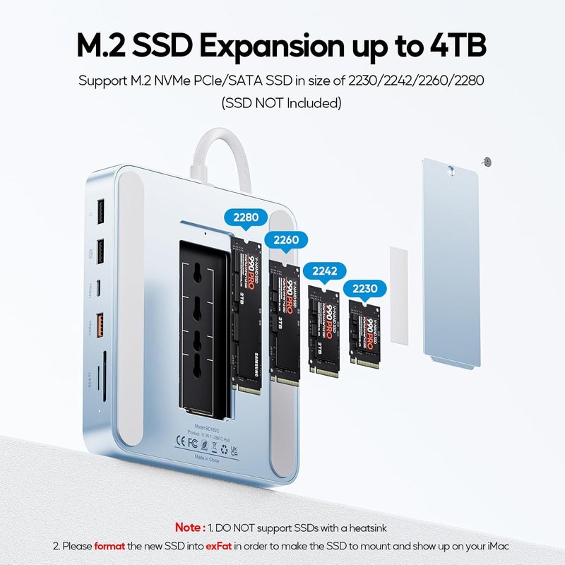PULWTOP محور USB C متعدد الوظائف لجهاز iMac بحجم 24 بوصة للأعوام 2021، 2023، 2024؛ يدعم محطة التوصيل (Docking Station) ويدعم أقراص M.2 SSD (غير مشمولة)، ويتوافق مع إكسسوارات iMac M1، M3، M4، ويدعم تقنيات 4K HDMI، و2.5G Ethernet، و5 منافذ USB A/C بسرعة 3.2 جيجابت في الثانية، ومنافذ SD/TF – اللون أزرق - Image 3