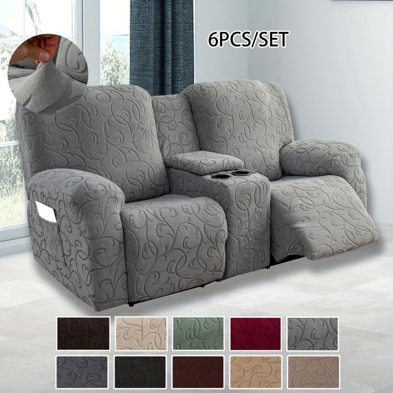 Wine Red Chenille Jacquard Elastic Sofa Cover with Pockets and Central Control - Image 1
