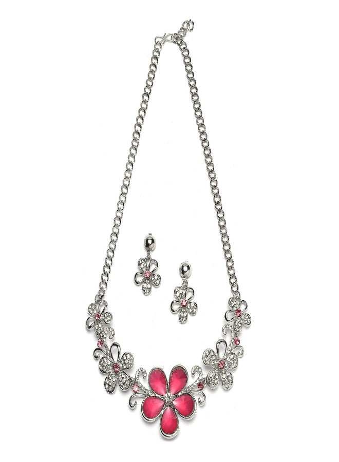 KENNICE Oxidised Silver-Plated Cubic Zirconia & White Pearls Studded Necklace With Earrings Jewellery Set For Girls and Women - Image 2