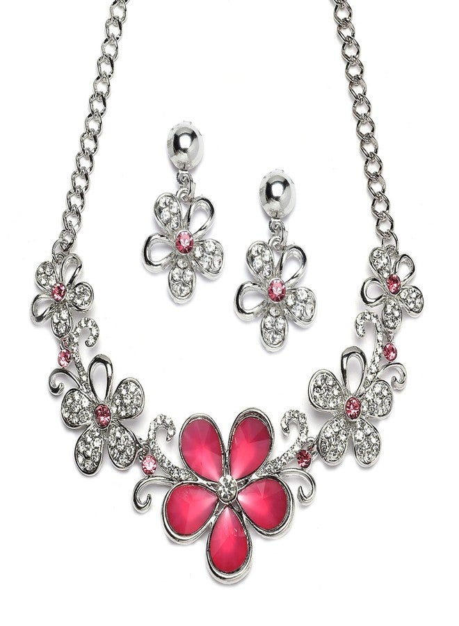 KENNICE Oxidised Silver-Plated Cubic Zirconia & White Pearls Studded Necklace With Earrings Jewellery Set For Girls and Women - Image 1