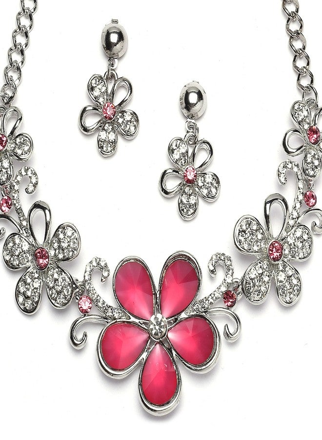 KENNICE Oxidised Silver-Plated Cubic Zirconia & White Pearls Studded Necklace With Earrings Jewellery Set For Girls and Women - Image 3