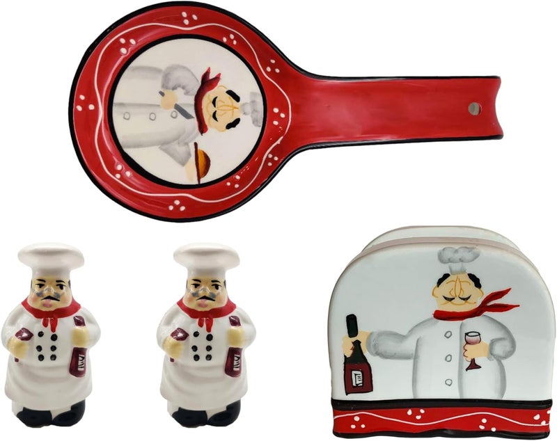 ACK Tuscany Colorful Plump Bistro Chef Hand Painted 4PCs TableStove Top Set PepperSalt ShakersNapkin Holder and Spoon Rest Kitchen Dcor - Image 1