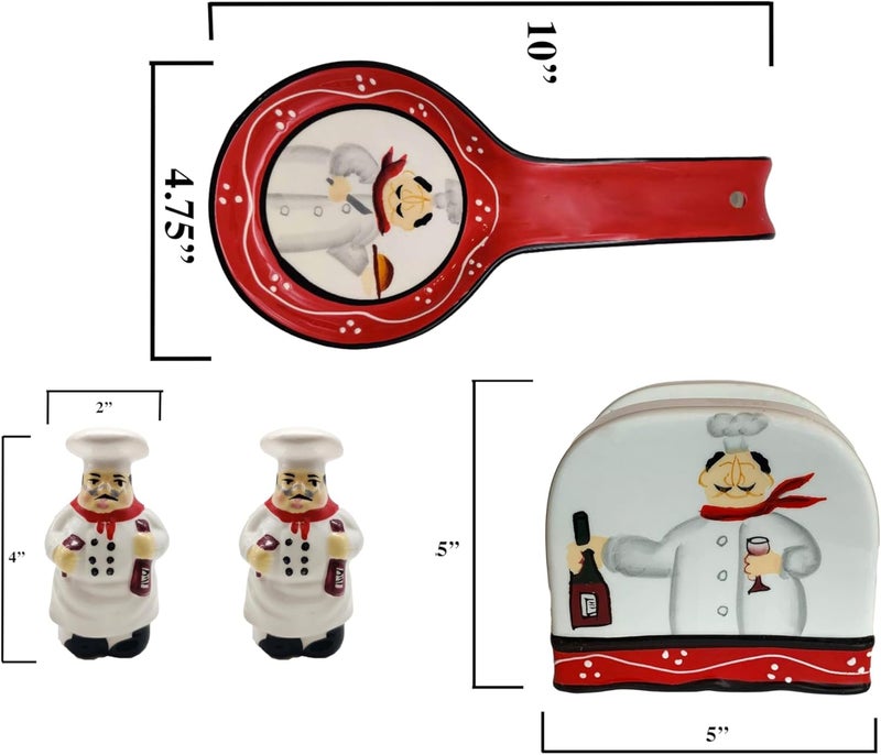 ACK Tuscany Colorful Plump Bistro Chef Hand Painted 4PCs TableStove Top Set PepperSalt ShakersNapkin Holder and Spoon Rest Kitchen Dcor - Image 3