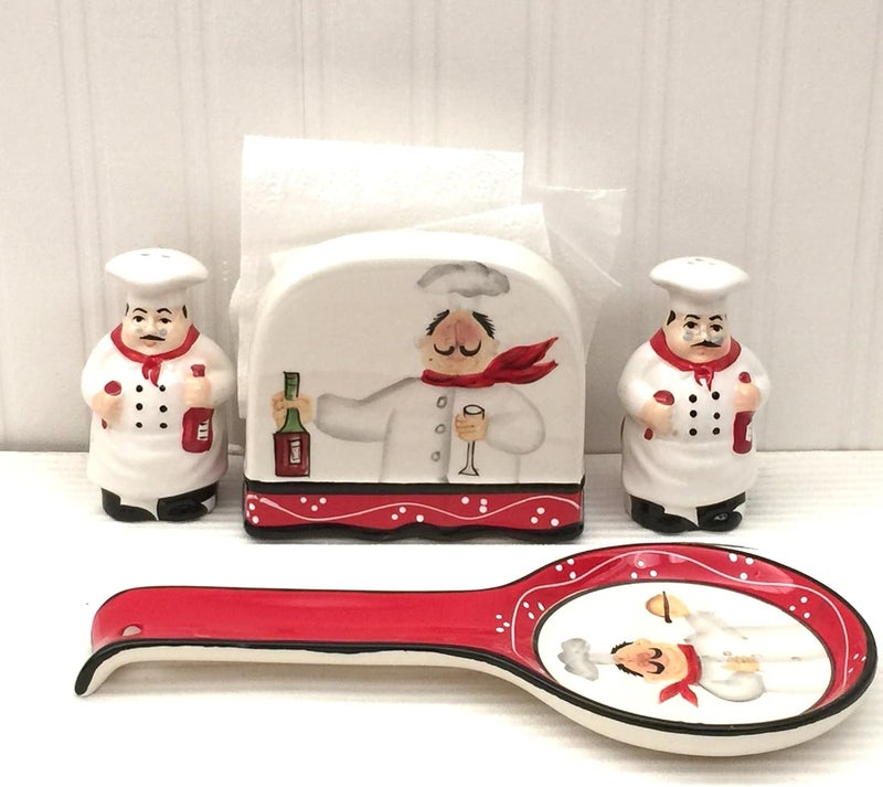 ACK Tuscany Colorful Plump Bistro Chef Hand Painted 4PCs TableStove Top Set PepperSalt ShakersNapkin Holder and Spoon Rest Kitchen Dcor - Image 2