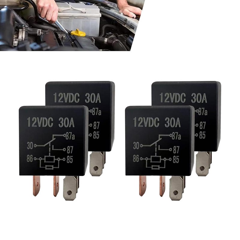 حزمة من 4 مرحلات سيارات DC 12V 5 دبوس، غلاف نايلون مقاوم للماء، مرحل محرك قابل للتبديل والتوصيل والتشغيل، مرحل متعدد الأغراض لمضخة الزيت ومكيف الهواء ومروحة الضوء، عالمي للسيارات والشاحنات (أسود) - Image 1