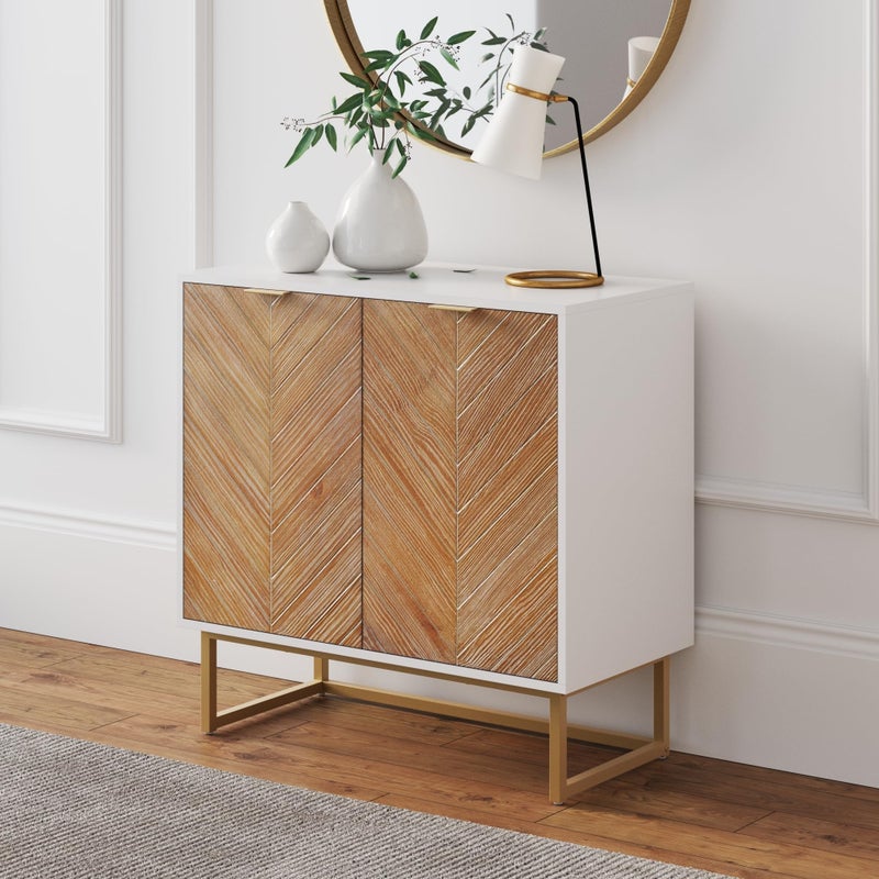 Nathan James Nathan James Enloe Modern Storage Free Standing Accent Cabinet White with Doors in a Rustic Pine Wood Finish and Gold Powdercoated Metal Base for Hallway Entryway or Living Room BrownWhiteGold 