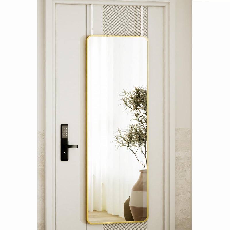 VooBang 14"x48" Full Length Over The Door Mirror - Aluminum Alloy Frame Full Body Mirror with Height-Adjustable Hangers, Hanging Leaning Against Wall for Dorm, Gold - Image 1