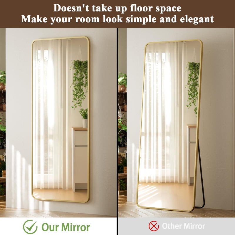 VooBang 14"x48" Full Length Over The Door Mirror - Aluminum Alloy Frame Full Body Mirror with Height-Adjustable Hangers, Hanging Leaning Against Wall for Dorm, Gold - Image 5