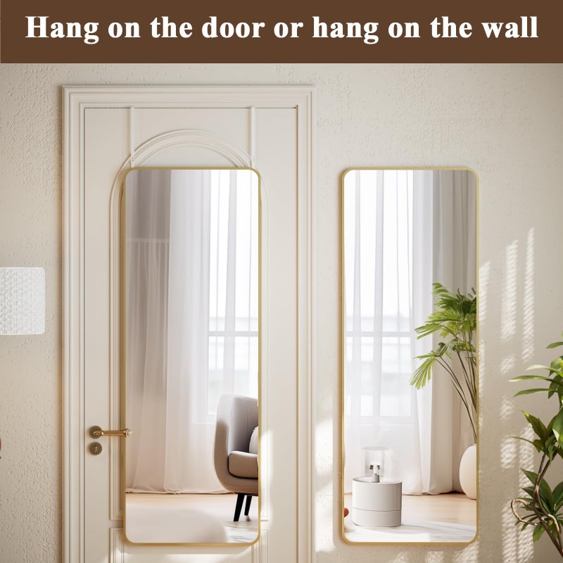 VooBang 14"x48" Full Length Over The Door Mirror - Aluminum Alloy Frame Full Body Mirror with Height-Adjustable Hangers, Hanging Leaning Against Wall for Dorm, Gold - Image 2