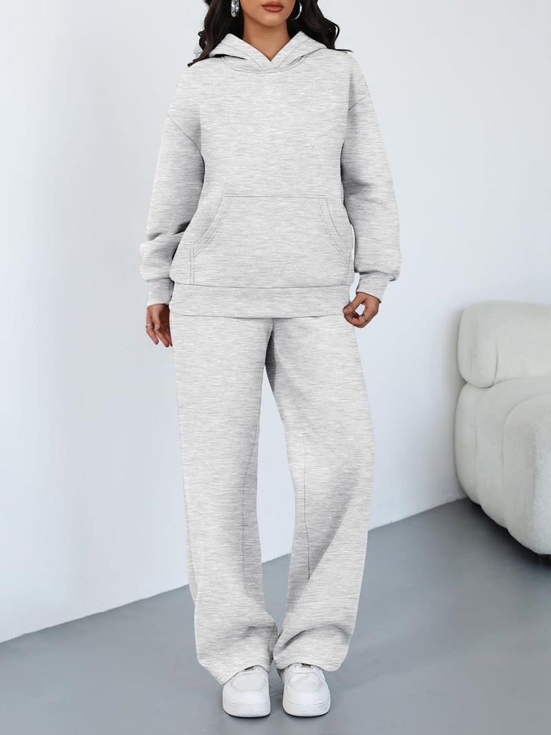 Trendy Queen 2 Piece Lounge Sweat Sets Plus Size Fall Fashion Matching Sweatsuits Wide Leg Pants Travel Outfit Winter Clothes Grey S - Image 2