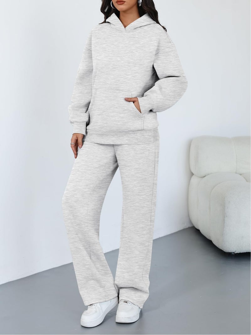 Trendy Queen 2 Piece Lounge Sweat Sets Plus Size Fall Fashion Matching Sweatsuits Wide Leg Pants Travel Outfit Winter Clothes Grey S - Image 3