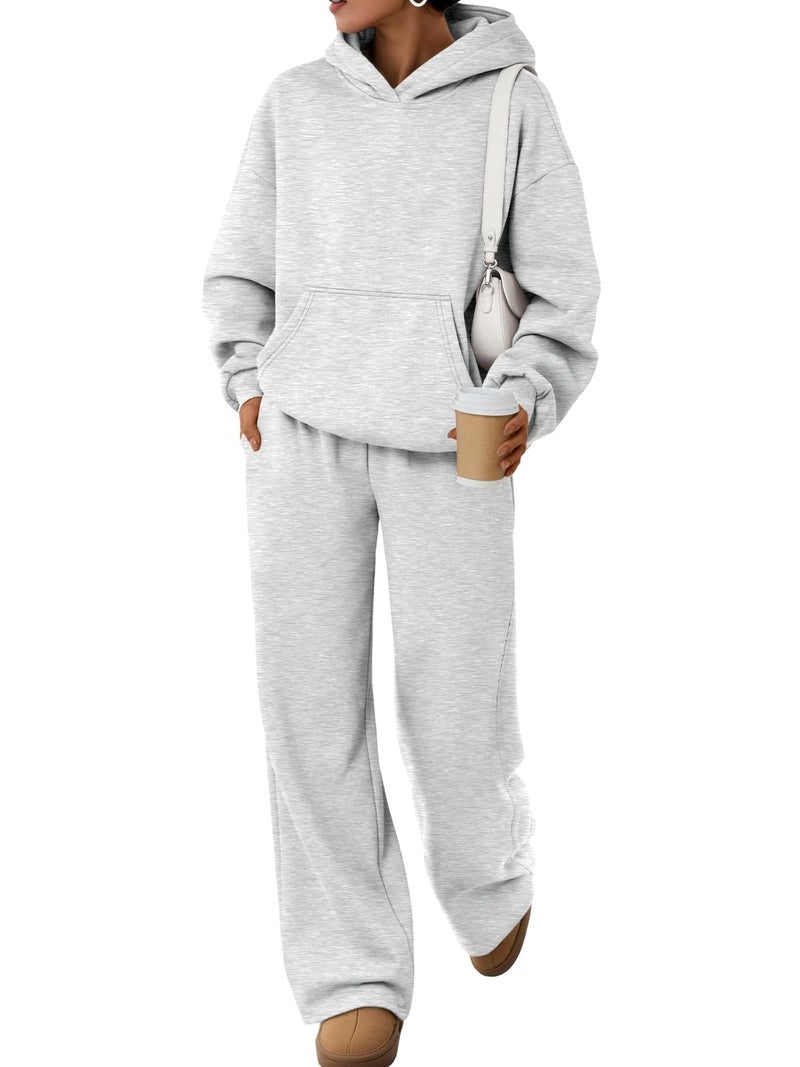 Trendy Queen 2 Piece Lounge Sweat Sets Plus Size Fall Fashion Matching Sweatsuits Wide Leg Pants Travel Outfit Winter Clothes Grey S - Image 1