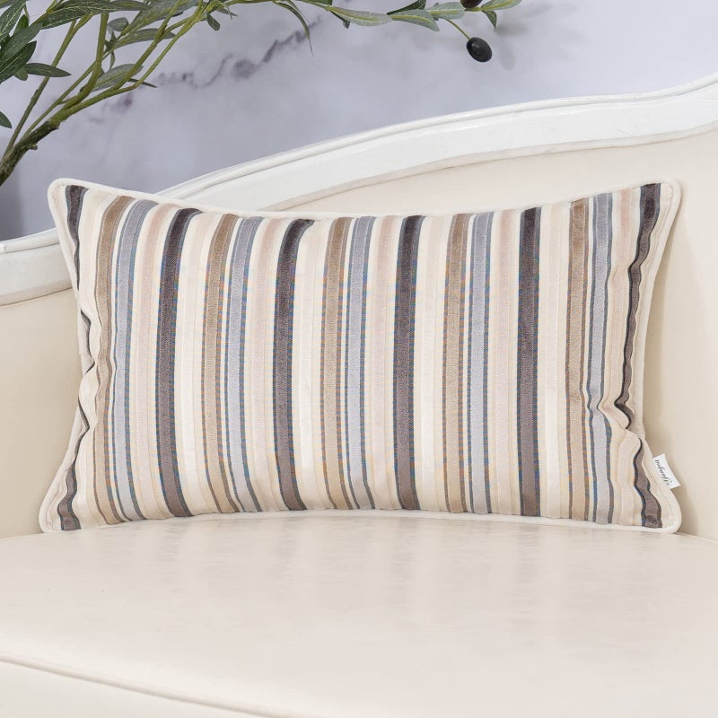 Yangest Beige Striped Throw Pillow Cover Multicolor Velvet Cushion Cover Zippered Rectangular Pillowcase for Sofa Couch Bedroom Living Room Home Decoration, 12x20 Inch - Image 1