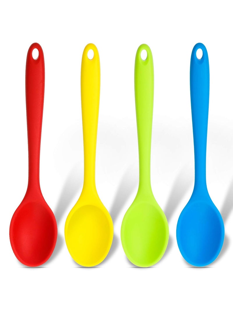 SYOSI 4 Pieces Small Multicolored Silicone Spoons, Silicone Nonstick Kitchen Spoon Silicone Serving Spoon Stirring Spoon for Kitchen Cooking Baking Stirring Mixing Tools (Green, Yellow, Dark Red, Blue) - Image 1