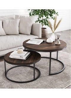 AGD Modern Nesting Round Coffee Table Set of 2 Pieces for Living Room Balcony Garden Etc, Round Coffee Table with Solid Metal Frame  - Image 1