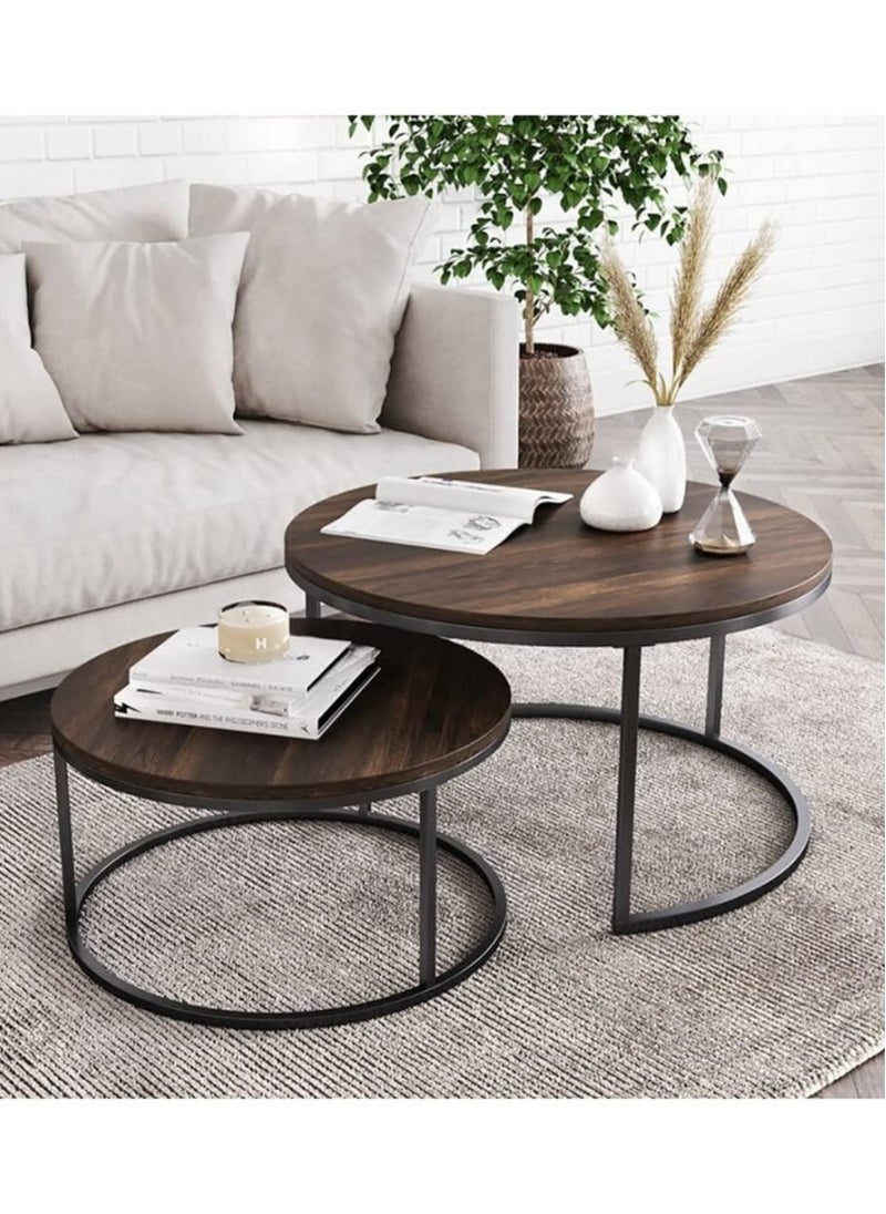AGD - Modern Nesting Round Coffee Table Set of 2 Pieces for Living Room Balcony Garden Etc, Round Coffee Table with Solid Metal Frame - Image 1