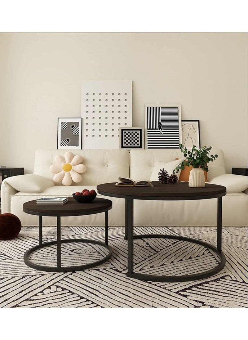 AGD - Modern Nesting Round Coffee Table Set of 2 Pieces for Living Room Balcony Garden Etc, Round Coffee Table with Solid Metal Frame - Image 1