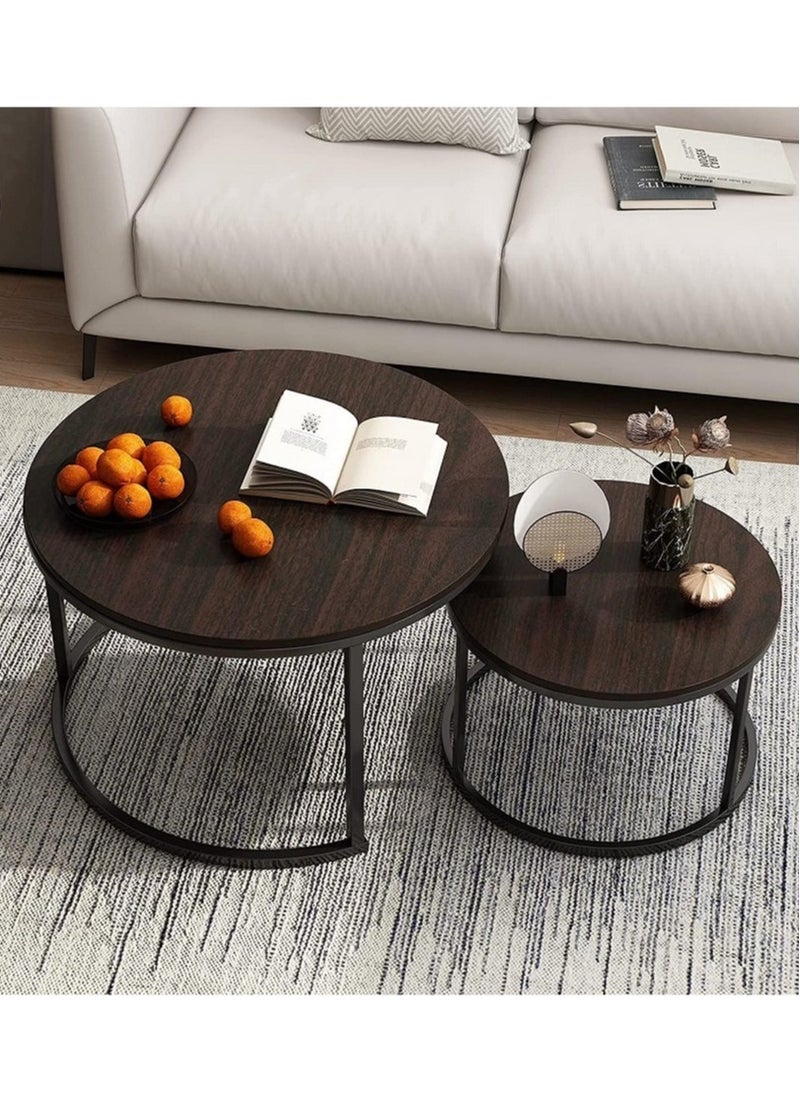 AGD - Modern Nesting Round Coffee Table Set of 2 Pieces for Living Room Balcony Garden Etc, Round Coffee Table with Solid Metal Frame - Image 1