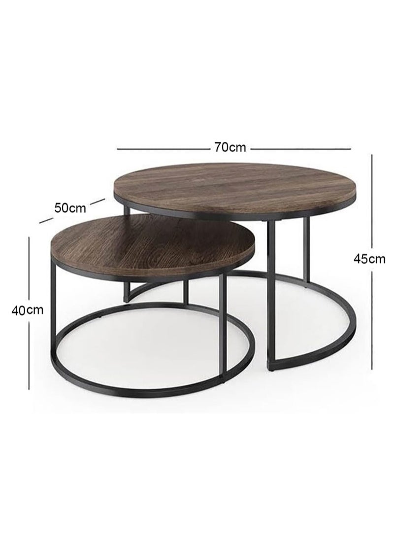 AGD - Modern Nesting Round Coffee Table Set of 2 Pieces for Living Room Balcony Garden Etc, Round Coffee Table with Solid Metal Frame - Image 1