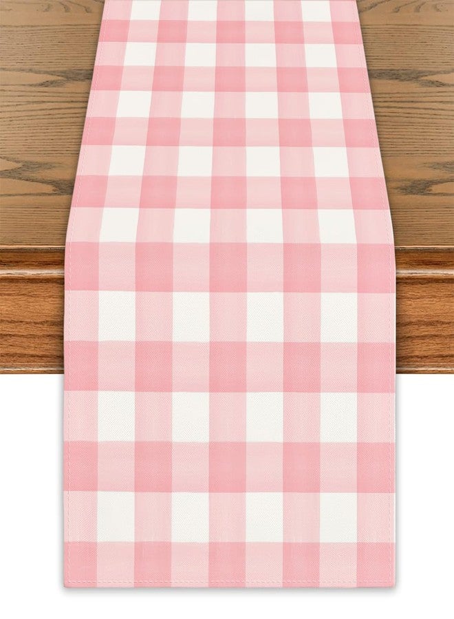 Yarcooly Pink White Buffalo Checked Plaid Table Runner Pink Gingham Table Cover Watercolor Spring Summer Easter Decor Spring Decorations for Simple Life Home Party - Image 1