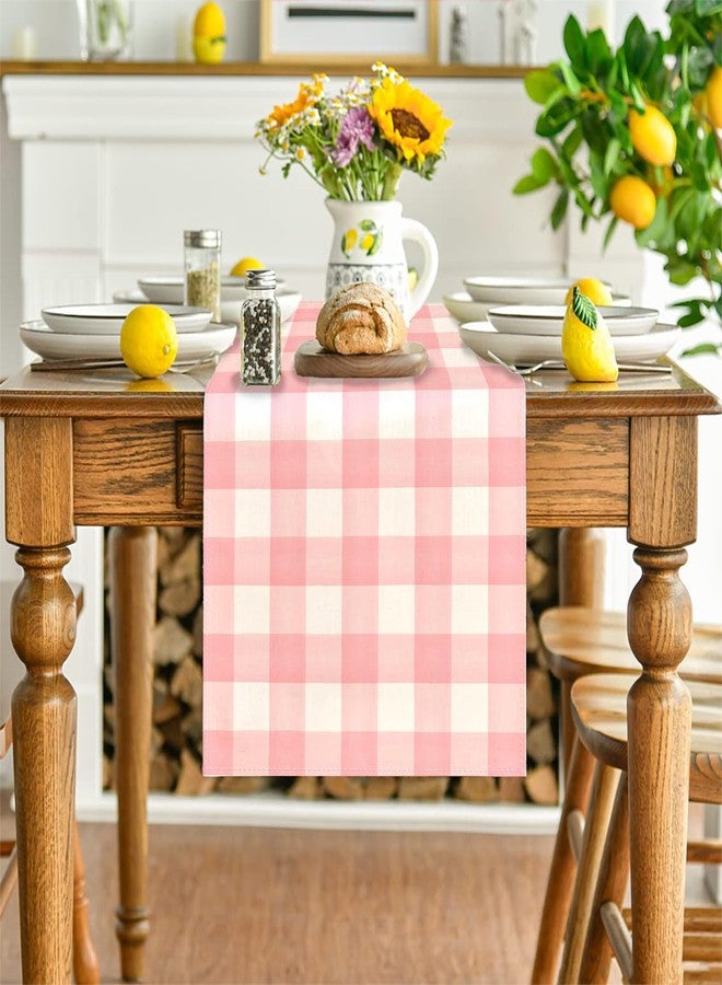Yarcooly Pink White Buffalo Checked Plaid Table Runner Pink Gingham Table Cover Watercolor Spring Summer Easter Decor Spring Decorations for Simple Life Home Party - Image 3