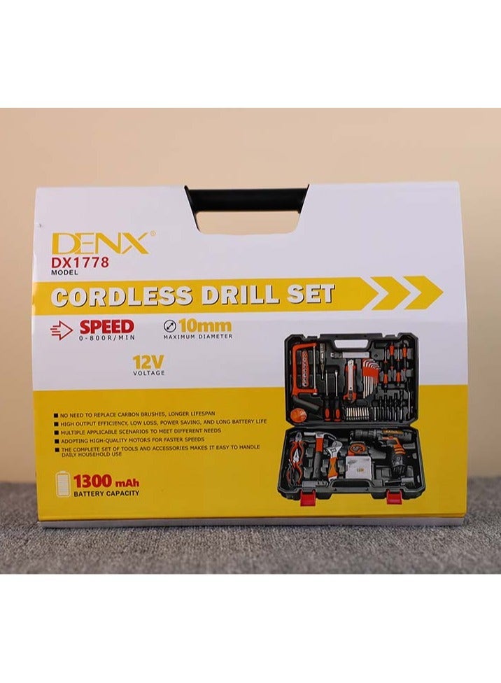 دينكس طقم مثقاب لاسلكي احترافي للمنزل مع طقم أدوات يدوية DIY للصيانة وإصلاح الحدائق والمكتب المنزلي | أقصى قطر 10 مم | السرعة 0 - 1450 دورة في الدقيقة | 21 فولت | 1300 مللي أمبير في الساعة | بطارية إضافية | DX1778 - Image 1