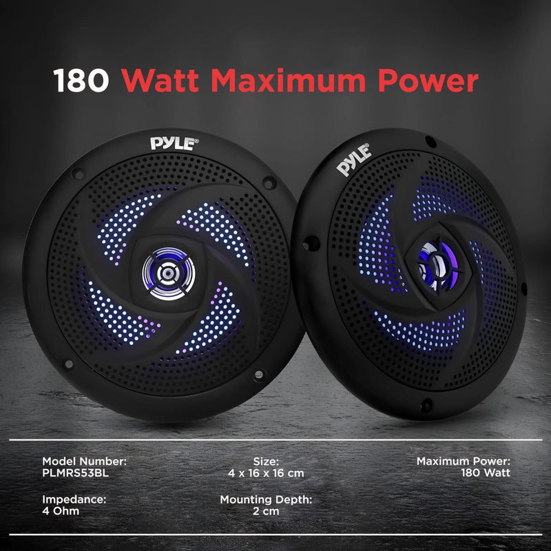 Pyle Marine Speakers - 5.25 Inch 2 Way Waterproof and Weather Resistant Outdoor Audio Stereo Sound System with LED Lights, 180 Watt Power and Low Profile Slim Style - 1 Pair - PLMRS53BL (Black) - Image 2
