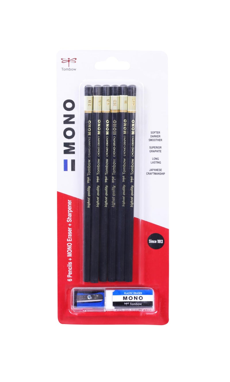 Tombow Mono Graphite Drawing Set of 6 with 1 MONO Plastic eraser and 1 Sharpener - Image 1