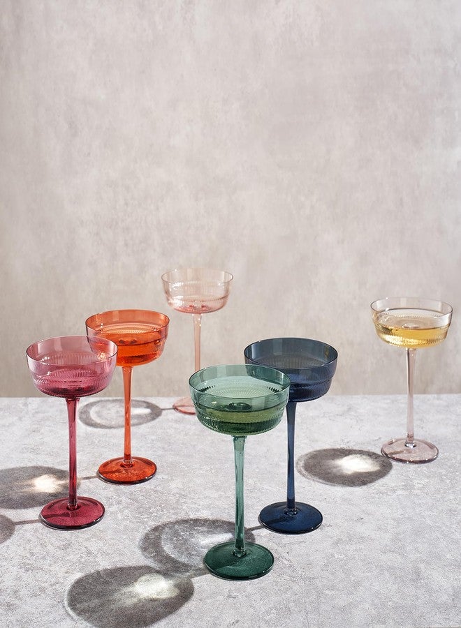 Khen Colored Vintage Art Deco Coupe Glasses - Martini, Cocktail & Champagne Glasses | Set of 6 | Pastel Muted Crystal Cocktail Glassware, Goblet Cocktails, Stemmed Ribbed Gift - Midway Ripple Set - Image 3