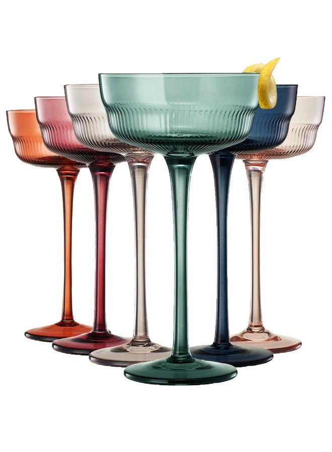 Khen Colored Vintage Art Deco Coupe Glasses - Martini, Cocktail & Champagne Glasses | Set of 6 | Pastel Muted Crystal Cocktail Glassware, Goblet Cocktails, Stemmed Ribbed Gift - Midway Ripple Set - Image 1