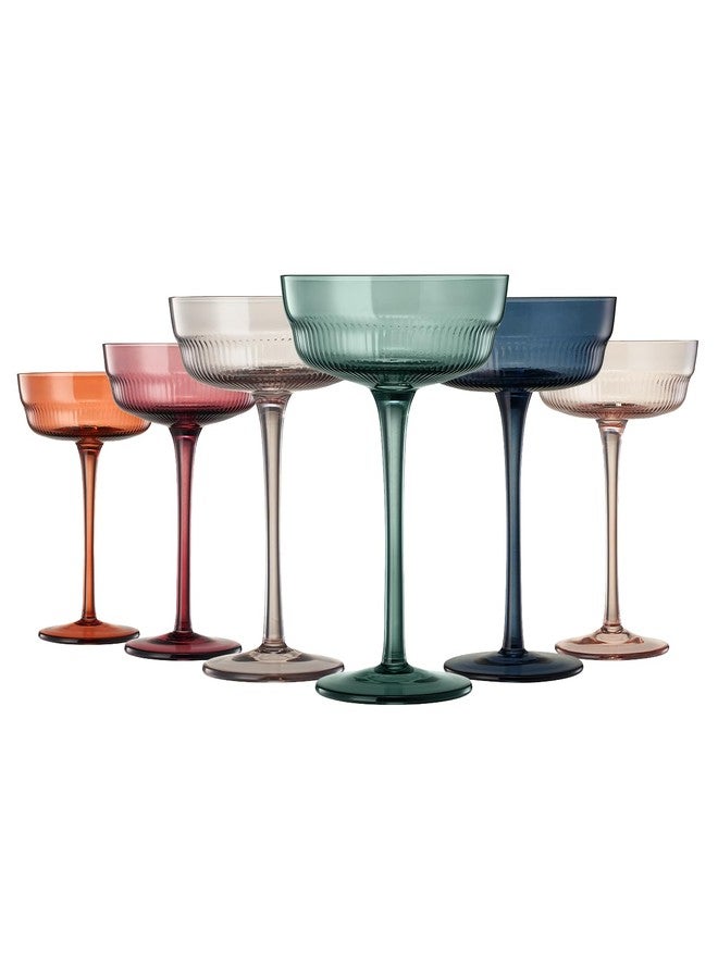 Khen Colored Vintage Art Deco Coupe Glasses - Martini, Cocktail & Champagne Glasses | Set of 6 | Pastel Muted Crystal Cocktail Glassware, Goblet Cocktails, Stemmed Ribbed Gift - Midway Ripple Set - Image 5
