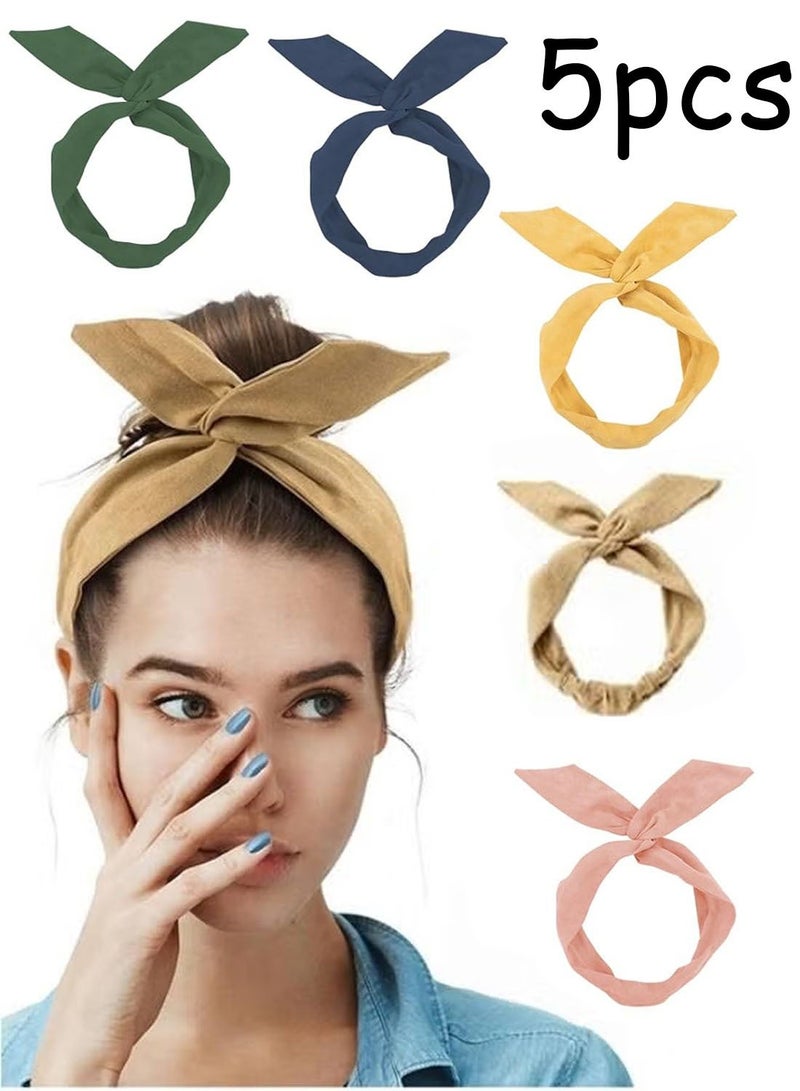طقم 5 أربطة شعر مربوطة بقوس بلون صلب مع سلك، أربطة شعر بأسلاك، أربطة رأس على شكل أذن أرنب للنساء والفتيات - Image 1