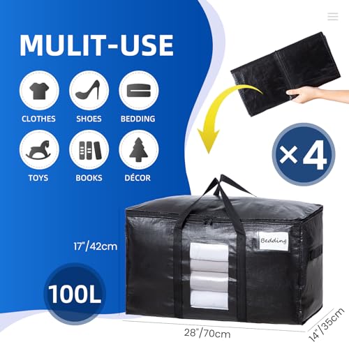 TAILI Extra Large Moving Bags, 4 Pack Black Heavy Duty Totes For Storage with Visible Window, Wrap Around Handles, Storage Bags for Space Saving, Alternative to Moving Boxes - Image 2