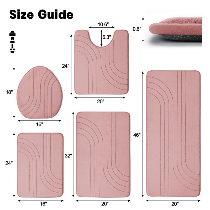 YIHOUSE Bathroom Rug Set 5 Pieces  Soft Non Slip Memory Foam Bath Mat Set  Extra Thick Bath Mats for Bathroom  Machine Washable Bath Rugs Set for Tub  Toilet and Floor (Pink) - Image 3