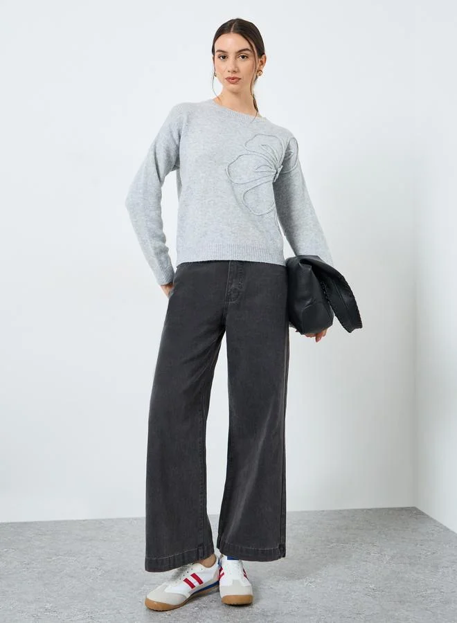 Take Two Take Two Grey Floral Applique Knit Sweater