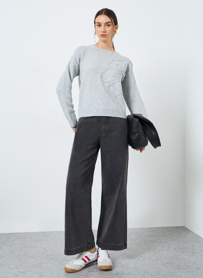 Take Two Grey Floral Applique Knit Sweater - Image 2